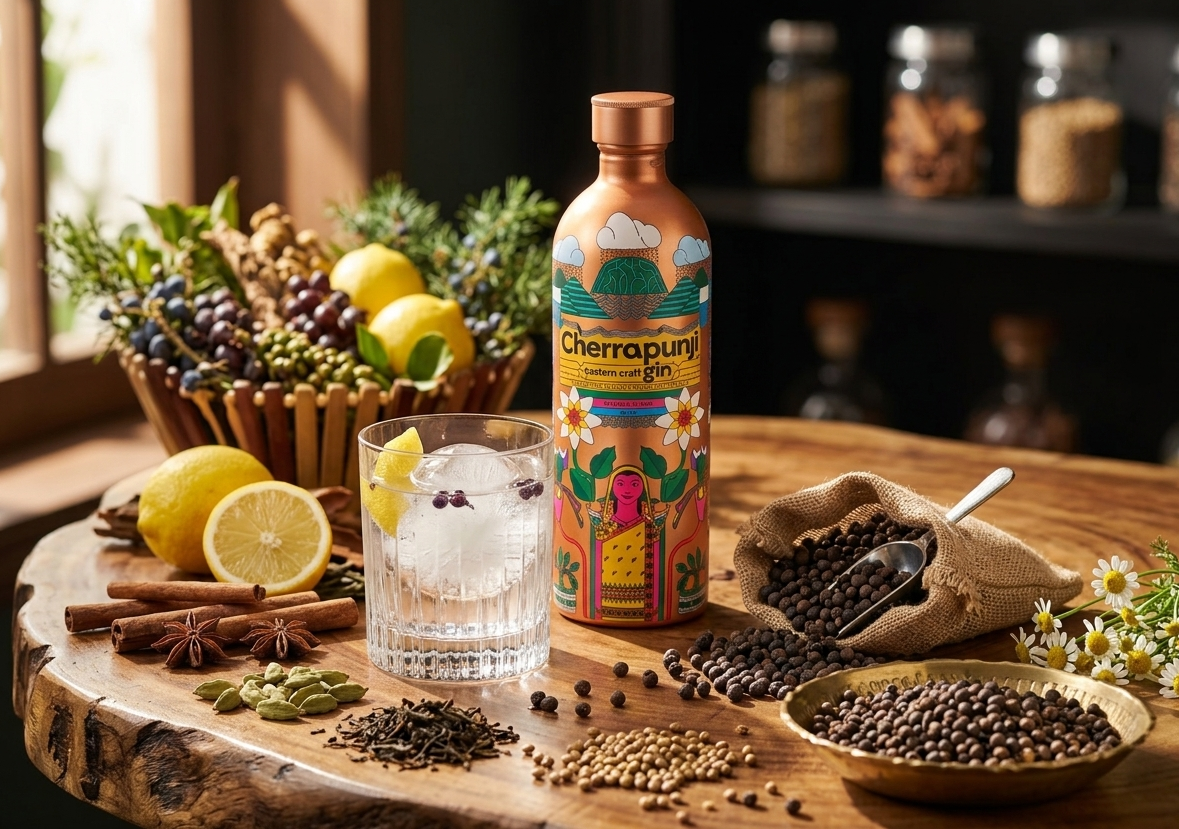 Cherapunji gin bottle on a wooden table with lemons, spices, and a glass of ice.