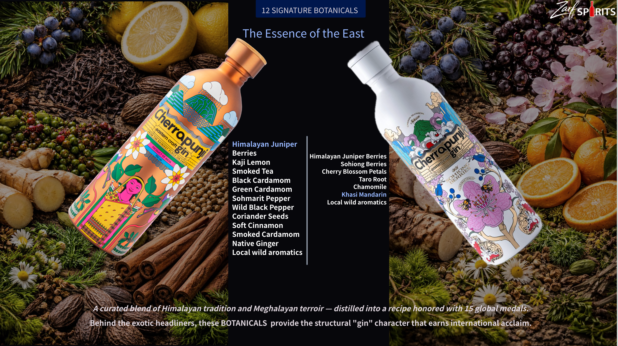 Cherrapunji Gin bottle with botanical ingredients