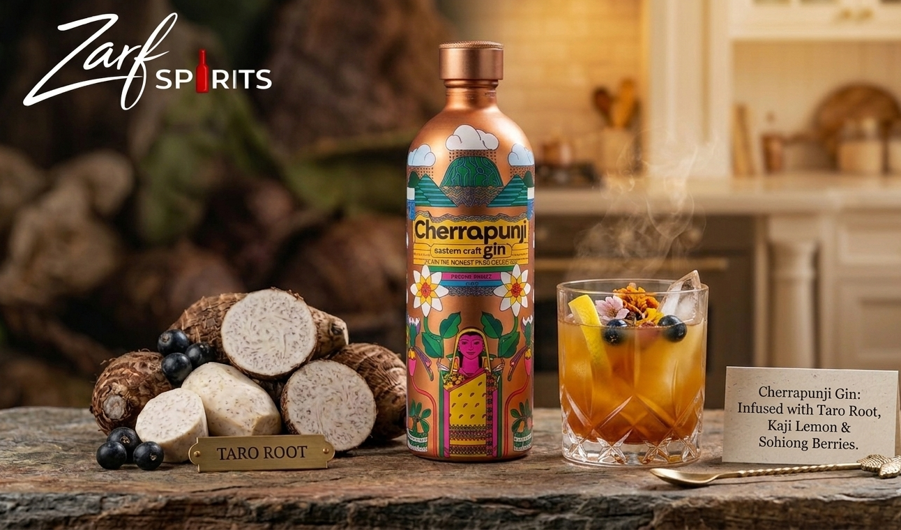Cherrapunji Gin bottle with ingredients and a cocktail on a wooden surface, branded as Zarf Spirits.
