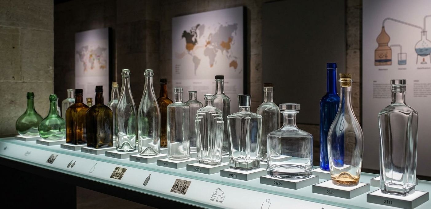Collection of glass bottles on display in a museum setting with educational posters in the background.