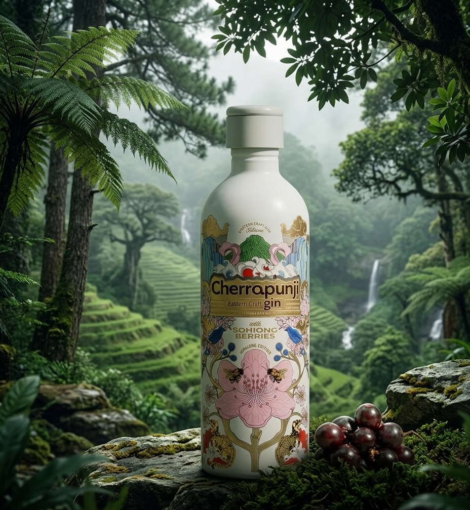 Bottle of Cherrapunji gin with a scenic forest background