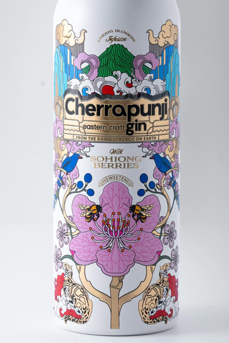 Hand-illustrated Indian heritage art on Cherrapunji Gin bottle by Reshidev RK.
