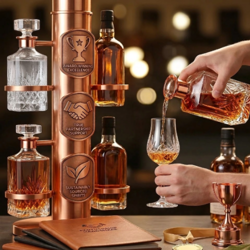 Luxury craft spirits collection featuring Indian single malt whisky and artisan Cherrapunji gin for Swiss retail and gastronomy.